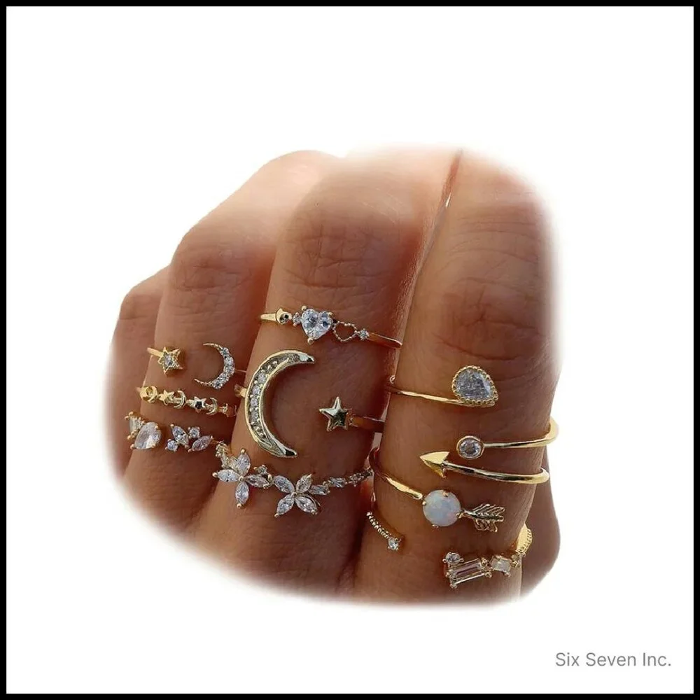 Stackable Moon Star Knuckle Rings Set Boho Dainty Lightweight Vintage Midi